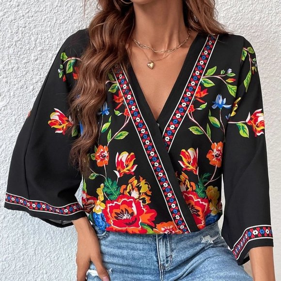 Black Boho Womens Floral Print Batwing Sleeve Wrap Blouse - Picture 4 of 5